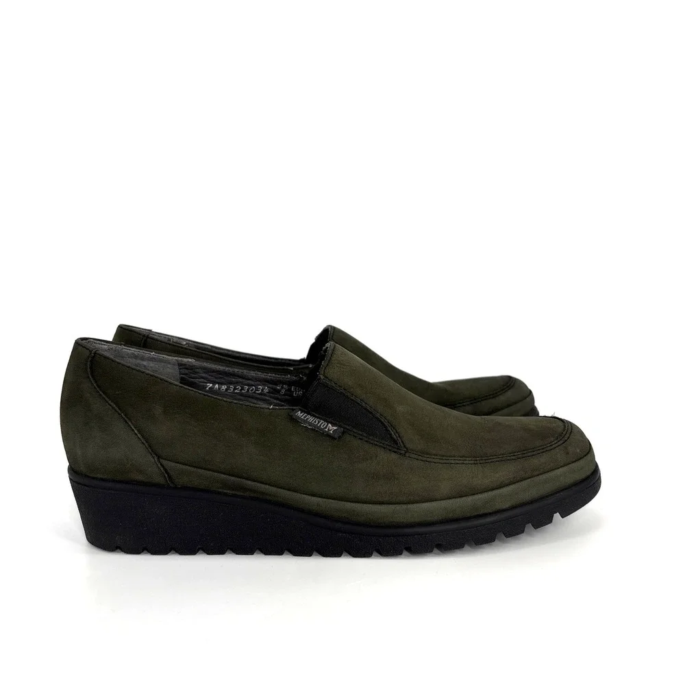 Mephisto Air-Jet Wedge Slip On Loafers 8 Olive Fern Moss Green Nubuck Leather